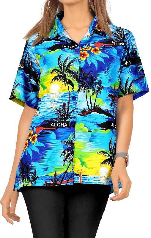 LA LEELA Women's Beach Casual Hawaiian Blouse Short Sleeve button Down Shirt Tank top Blue